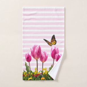 Spring Pink Tulip Flowers and Butterly Hand Towel