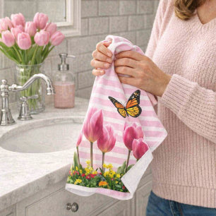 Spring Pink Tulip Flowers Hand Towel