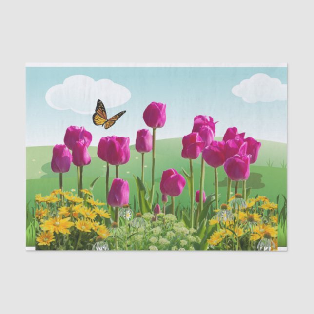 Spring Pink Tulips and Butterfly Decoupage  Tissue Paper (Front)