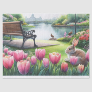 Spring Pink Tulips and Park Bench  Decoupage Tissue Paper