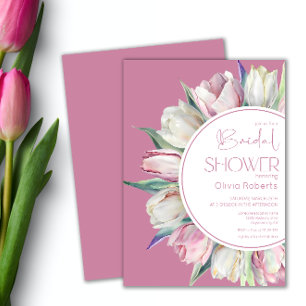 Spring pink white tulips Bridal shower Invitation