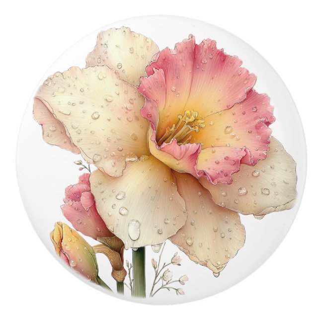 Spring Pink Yellow Daffodil  Ceramic Knob (Front)