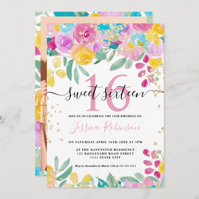 Spring pink yellow floral gold script Sweet 16 Invitation (Front/Back)