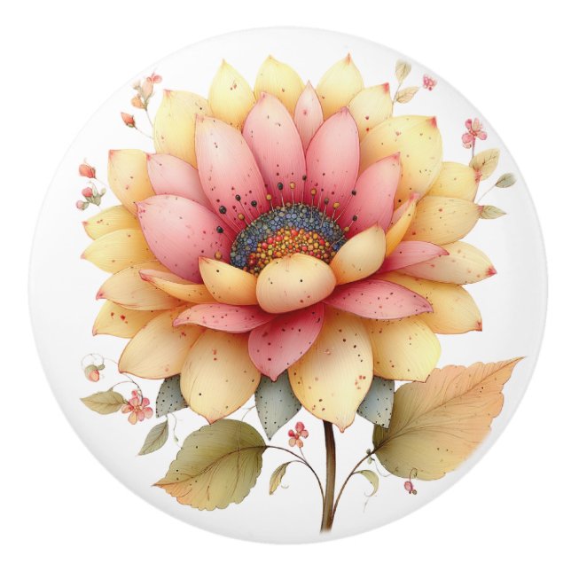 Spring Pink Yellow Garden Flower Ceramic Knob (Front)