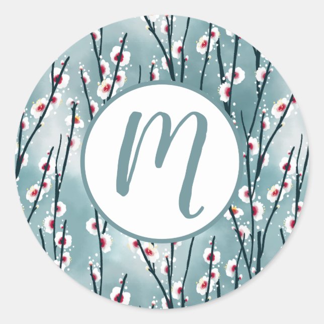 Spring Plum Blossom Floral Pattern Classic Round Sticker (Front)