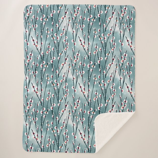 Spring Plum Blossom Floral Pattern Sherpa Blanket (Front)