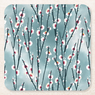 Spring Plum Blossom Floral Pattern Square Paper Coaster