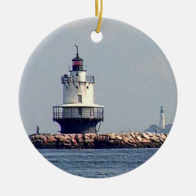 Spring Point Light and Portland Head Light Ceramic Ornament (Front)