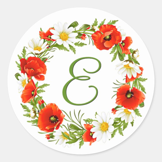 Spring Poppies Daisies Monogram Wreath Classic Round Sticker (Front)
