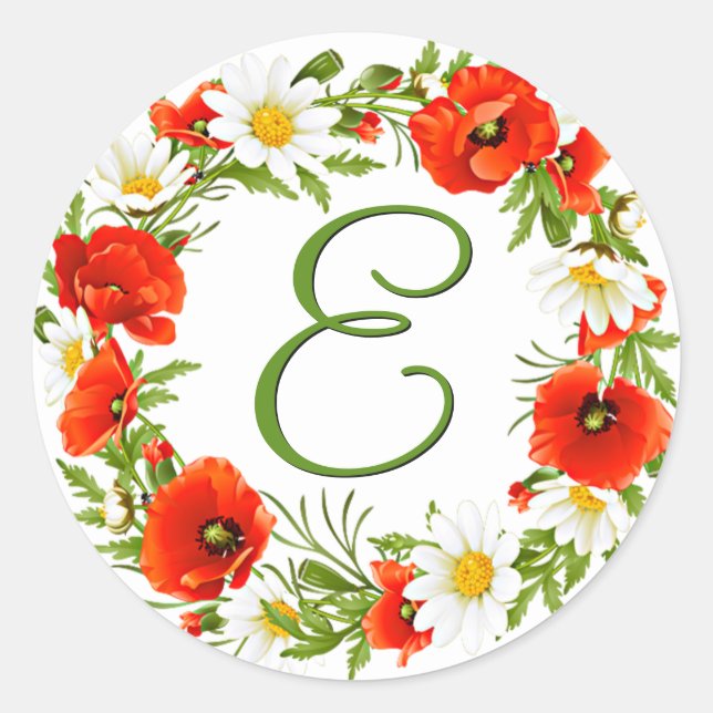 Spring Poppies Daisies Monogram Wreath Classic Round Sticker (Front)