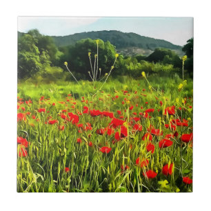 Spring Poppies Meadow and Mountain Landscape Ceramic Tile