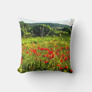 Spring Poppies Meadow and Mountain Landscape Cushion