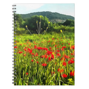 Spring Poppies Meadow and Mountain Landscape Notebook