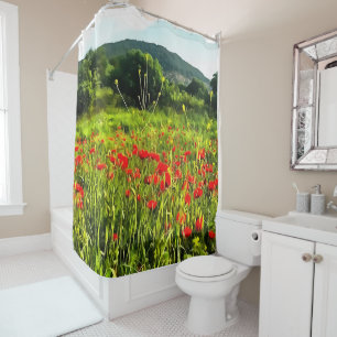 Spring Poppies Meadow and Mountain Landscape Shower Curtain