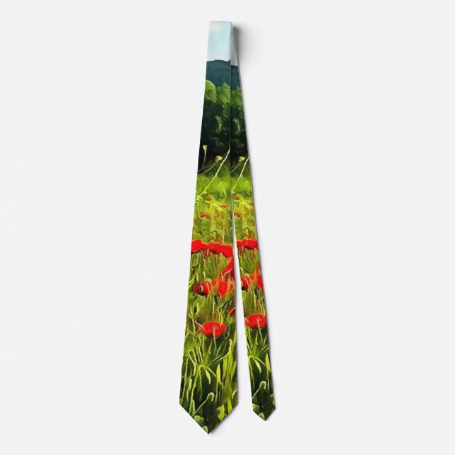 Spring Poppies Meadow and Mountain Landscape Tie (Front)