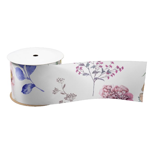 Spring Pressed Wild Flowers Butterfly White Satin Ribbon (Spool)