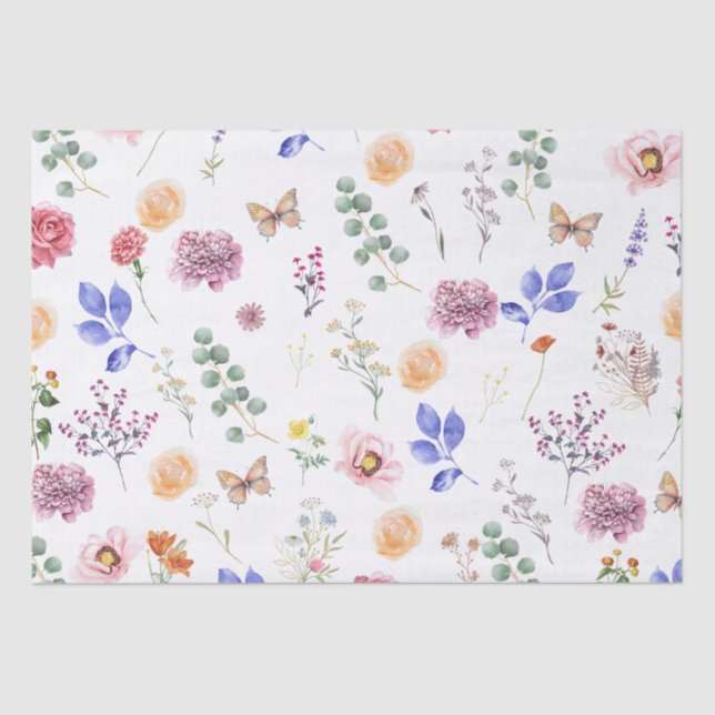 Spring Pressed Wild Flowers Butterfly White Tissue Paper (Front)