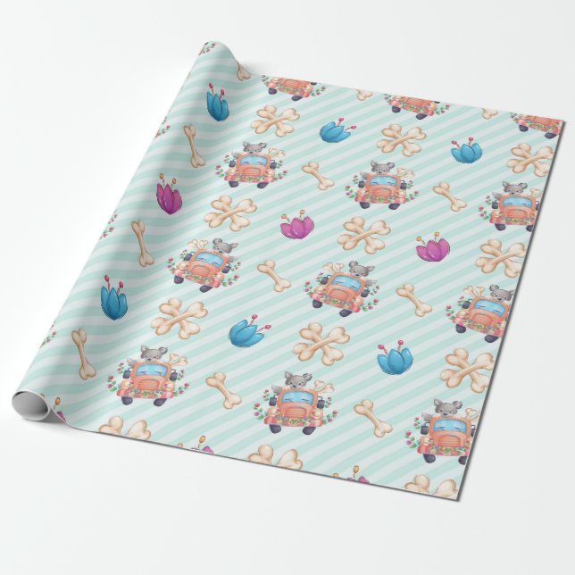 Spring Puppy Love Pattern Wrapping Paper (Unrolled)