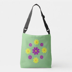 Spring purple and yellow flowers on green crossbody bag