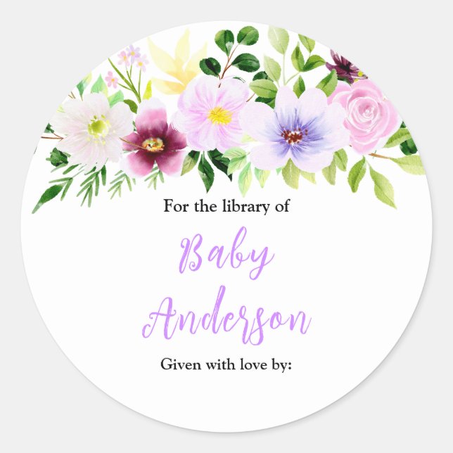 Spring Purple Floral Baby Shower Bookplate Classic Round Sticker (Front)