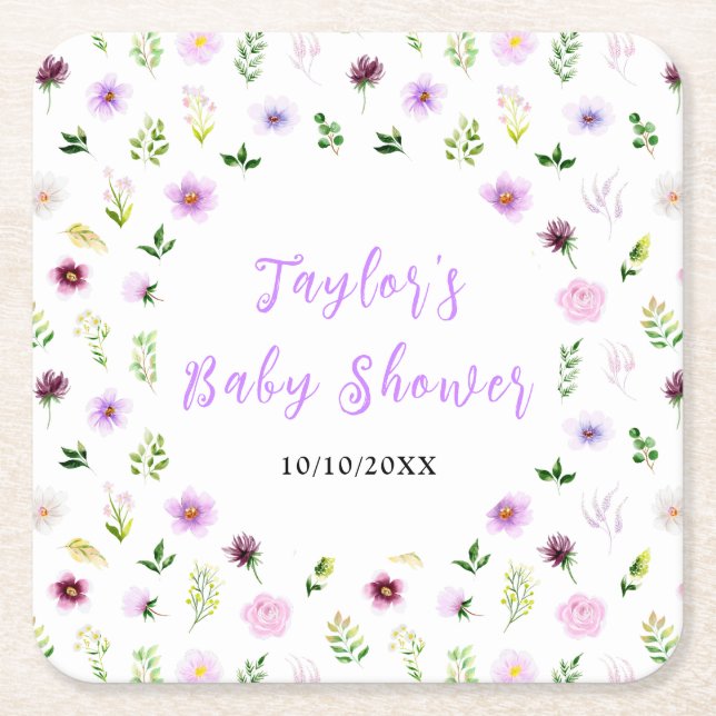 Spring Purple Floral Baby Shower Square Paper Coaster (Front)