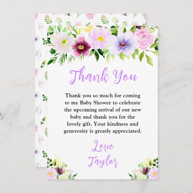 Spring Purple Floral Baby Shower Thank You Card (Front/Back)