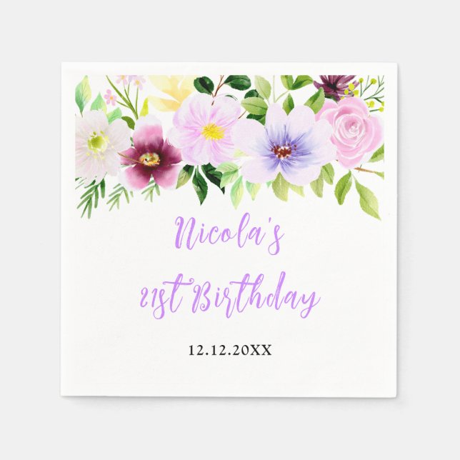 Spring Purple Floral Birthday Napkin (Front)