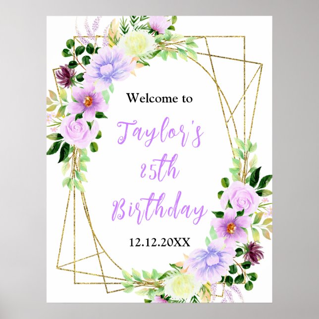 Spring Purple Floral Birthday Party Welcome Sign (Front)