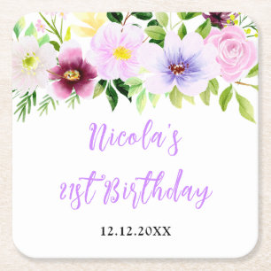 Spring Purple Floral Birthday Square Paper Coaster