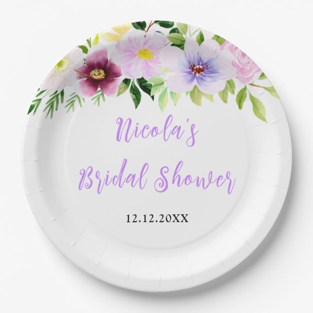 Spring Purple Floral Bridal Shower Paper Plate (Front)