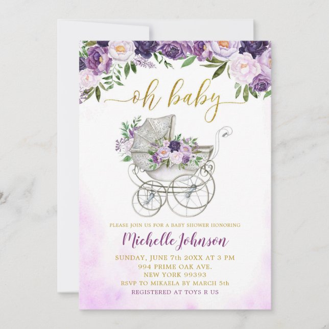 Spring Purple Floral Stroller Baby Shower Invitation (Front)