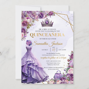 Spring purple flowers Formal Dress Quinceanera  Invitation