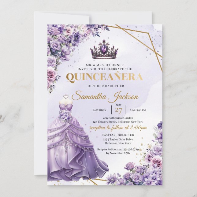 Spring purple flowers Princess Dress Quinceañera Invitation (Front)
