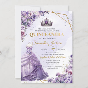 Spring purple flowers Princess Dress Quinceañera Invitation