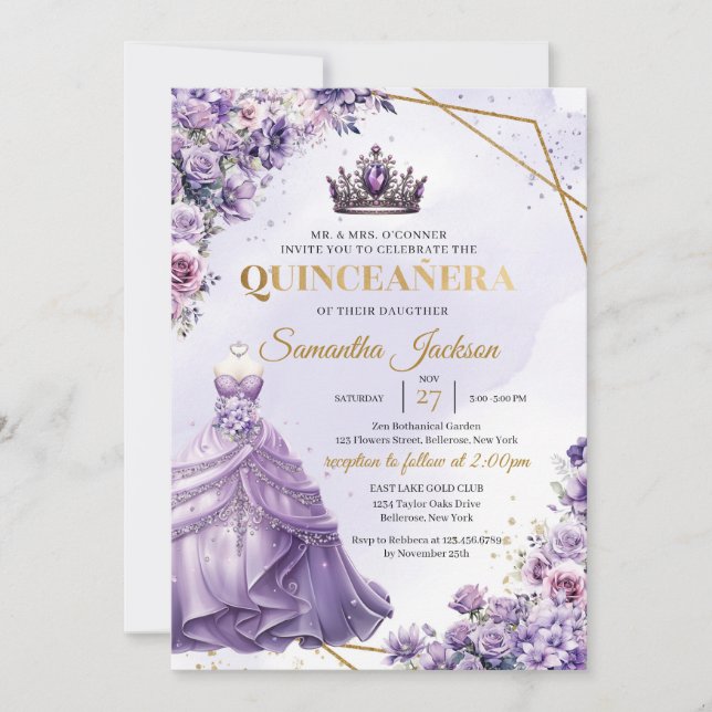 Spring purple flowers Princess Dress Quinceañera Invitation (Front)