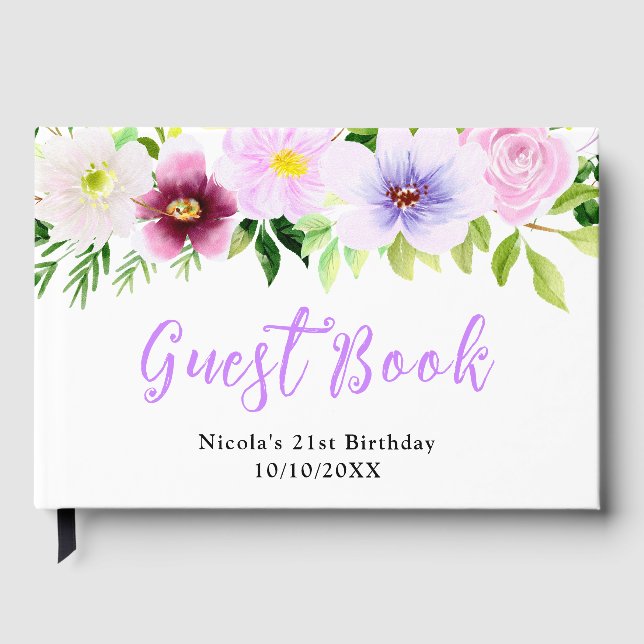 Spring Purple Flowers with Foliage Birthday Guest Book (Front)