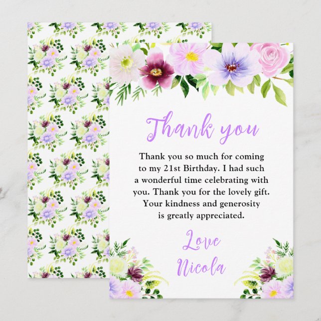 Spring Purple Flowers with Foliage Birthday Thank You Card (Front/Back)