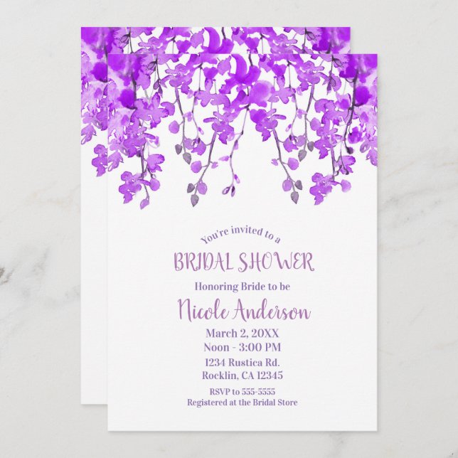 Spring Purple Orchid Branches Floral Bridal Shower Invitation (Front/Back)