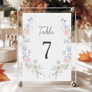 Spring Purple & Pink Wildflowers Wedding Table Number
