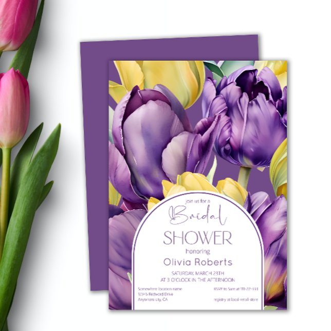 Spring purple yellow tulips Bridal shower Invitation (Creator Uploaded)