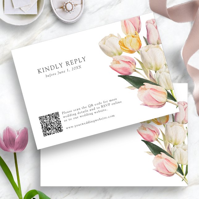 Spring QR Code RSVP Card (Spring Watercolor Tulips QR Code RSVP Card by Painted Paperie
)