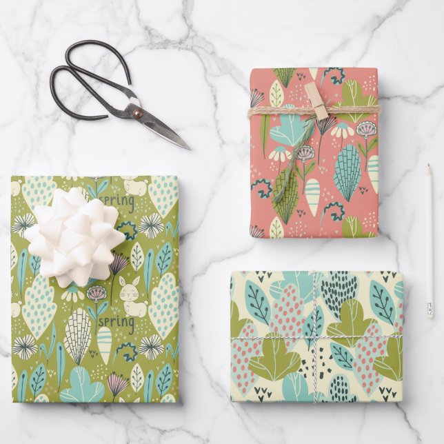 Spring Rabbits Floral Nature Wrapping Paper Sheet (Front)