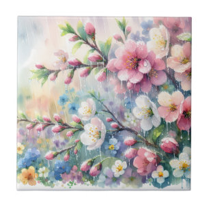 Spring Rain Blossom Watercolor Cottagecore Ceramic Tile