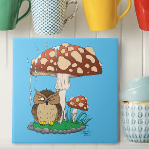 Spring Rain Shower Owl Mushroom Ceramic Tile