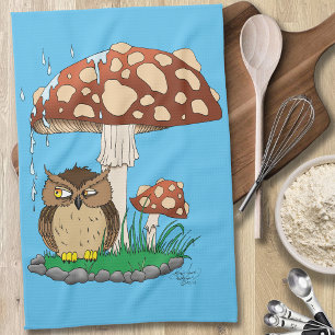 Spring Rain Shower Owl Mushroom Tea Towel