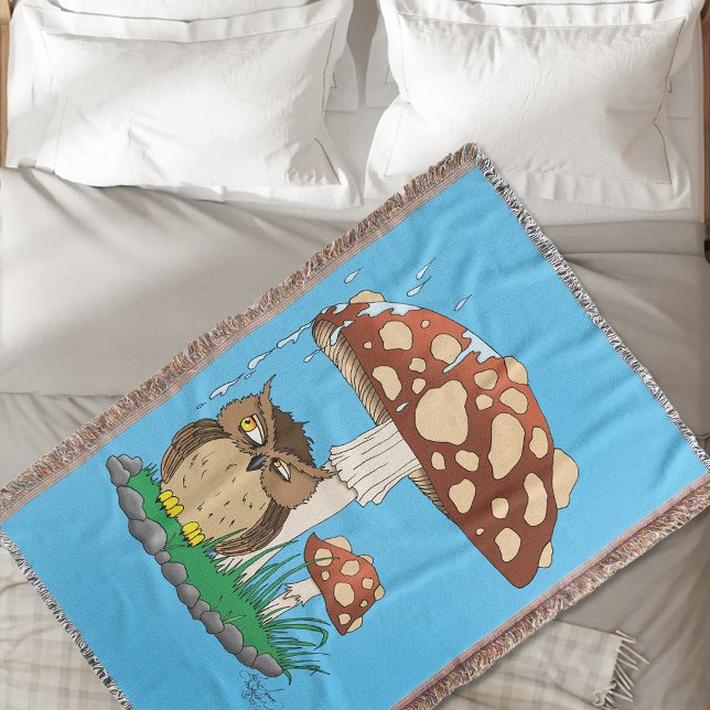 Spring Rain Shower Owl Mushroom Throw Blanket (Creator Uploaded)
