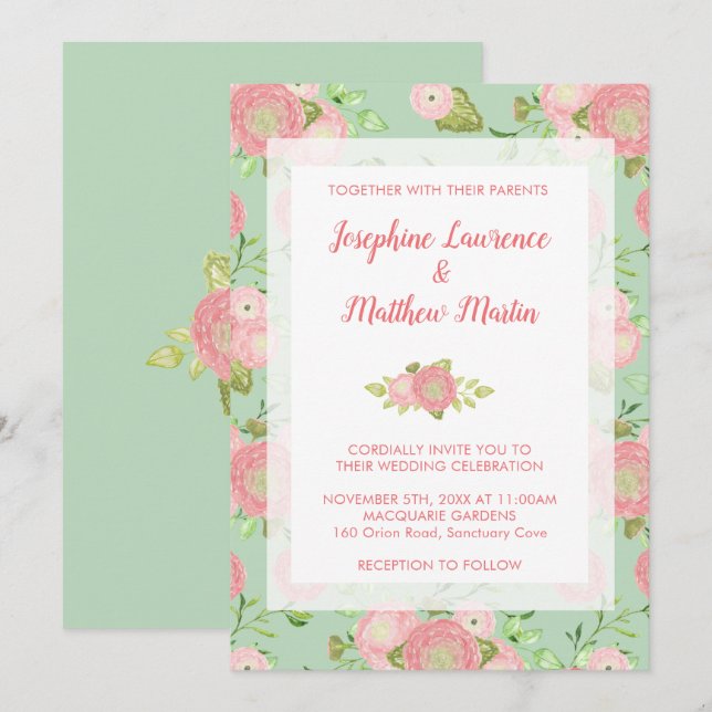 Spring Ranunculus Floral Mint Wedding Invitations (Front/Back)