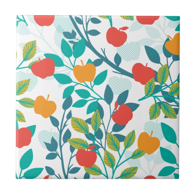 Spring Red and Green Colours Apple Fruit Pattern Ceramic Tile (Front)