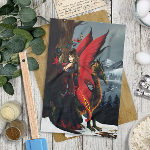 Spring Red Fairy Dragon Mother Nature Fantasy Tea Towel