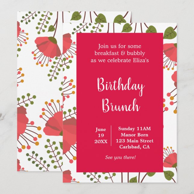Spring Red Poppies Floral Birthday Brunch Invitation (Front/Back)